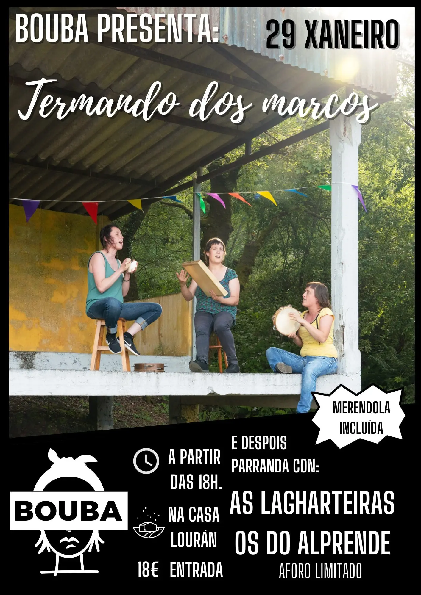 Cartel: Bouba presenta Termando dos marcos, 29 de xaneiro, na Casa Lourán