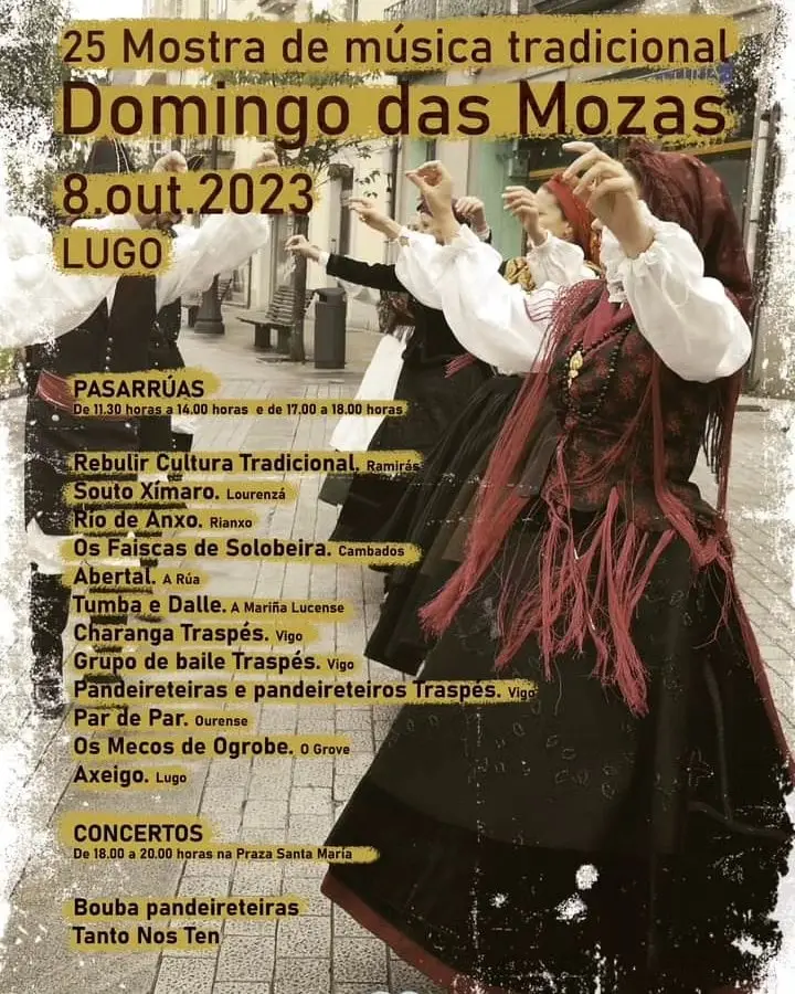 Cartel: Mostra de música tradicional Domingo das Mozas, 8 de outubro de 2023, Lugo